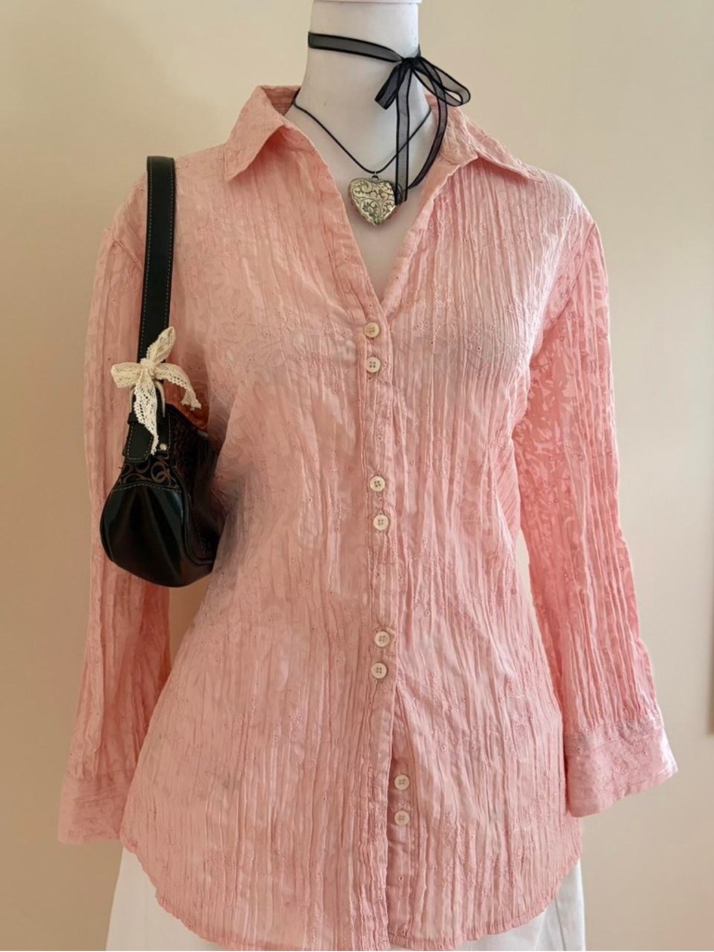 Vintage Y2K coquette floral lace eyelet embroidered pink blouse preppy fairy L